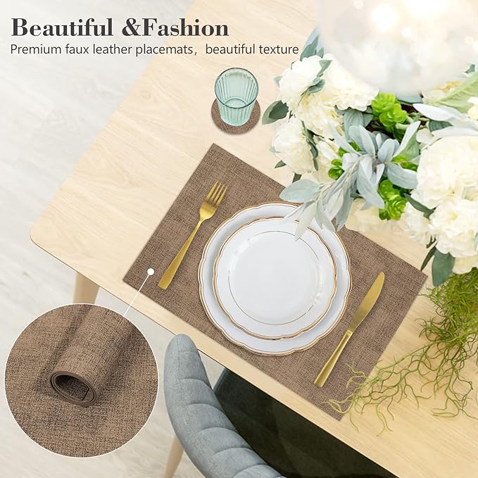Faux Leather Placemats Set of 6,Heat Resistant Placemats for Dining Table, Easy Clean Non-Slip Place Mats, Waterproof Stain Resistant Wipeable Washable PU Table Mats, (Coffee)