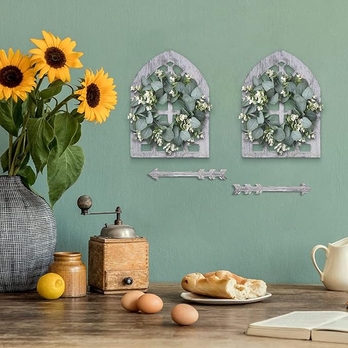 Rustic Wood Window Frame with Green Wreath and Arrows Wall Decor,Farmhouse Window Frame Hanging Decor, Wooden Fake Decoration,Window Pane Wall Decor,Set of 2 (windows white)