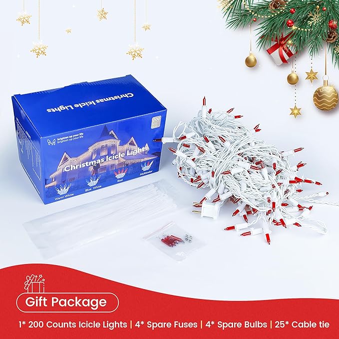 23FT 200Count Red Icicle Lights,White Wire Icicle Mini Lights Plug in with 40 Drops,Hanging Curtain Fairy String Light Connectable for Christmas Valentine's Day Halloween Party Decorations