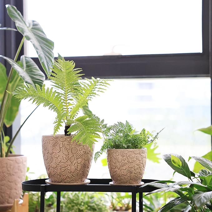 8 Inch + 6 Inch Retro Ceramic Planter Set of 2 with Drainage Hole and Saucer for Multiple Plants, Indoor-Outdoor Garden Pots for Succulent, Orchid, and Flower (Retro Peach)