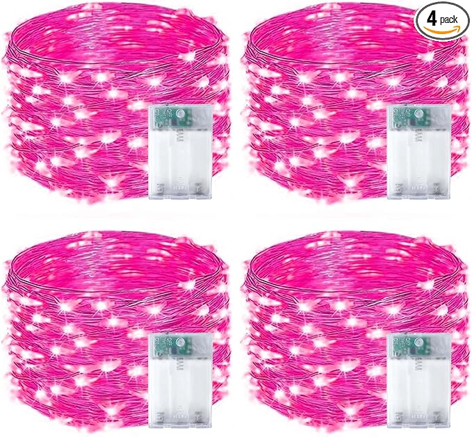 4-Pack 50 LED Pink Fairy Lights Battery Operated with Timer, 16FT Waterproof Starry String Lights Outdoor Indoor, Valentiens Lights for Valentine's Day Bedroom Wedding Birthday Christmas Party Decor