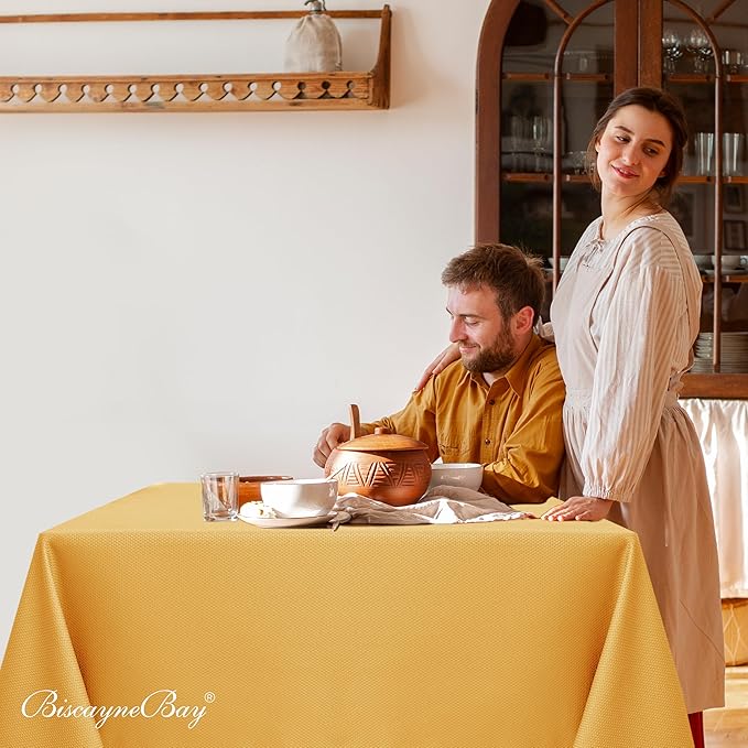 Biscaynebay Fall Tablecloth Textured Fabric Square Tablecloths 90x90'', Fall Gold Thanksgiving Autumn Harvest Water Resistant Fabric Tablecloths for Kitchen, Dining, Wedding, Parties Machine Washable