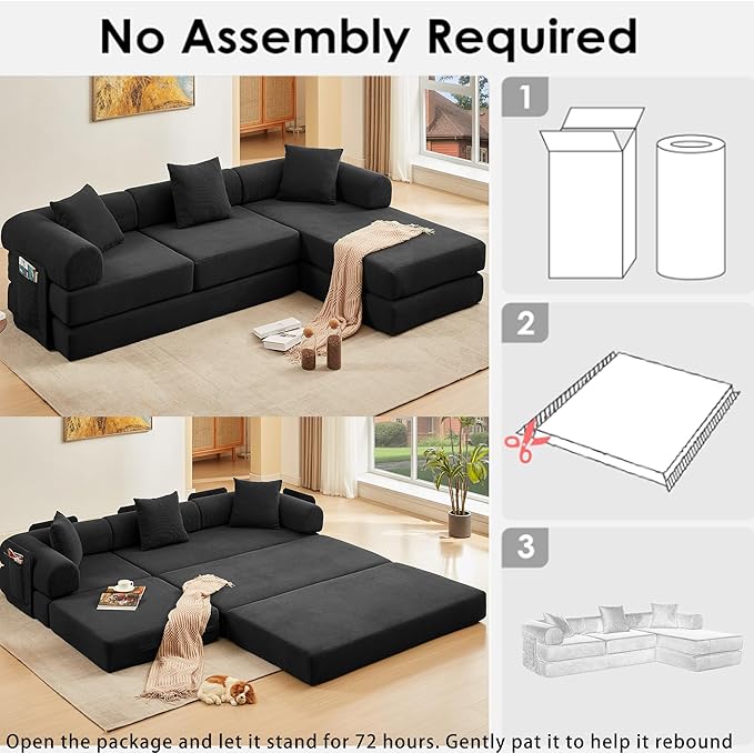 107" Oversized Convertible Sleeper Sofa Bed, Corduroy L Shape Sectional Couch, Folding Sofa Bed with Side Pocket, Modern Cloud Floor Mattress Couch, Modular Sofa for Living Room, Black