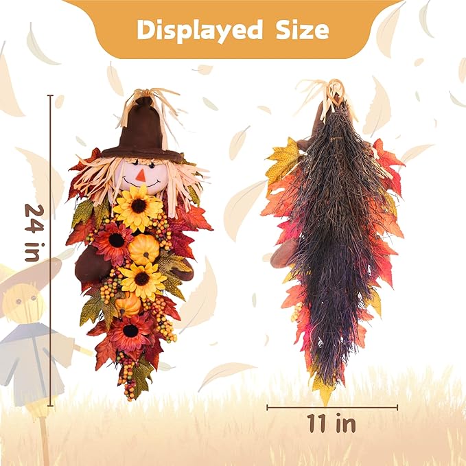 24" Rustic Fall Scarecrow Teardrop Swag โ Farmhouse Sunflower & Pumpkin Wreath โ Autumn Harvest Hanging Decor for Front Door, Wall, Porch, Indoor/Outdoor