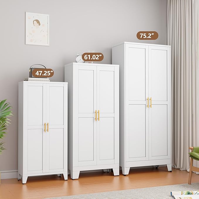 Metal Kitchen Pantry Storage Cabinet with 2 Doors and 3 Adjustable Shelves,Pantry Cabinet with Adjustable Leveling Foot for Kitchen, Living Room, Dining Room(White)