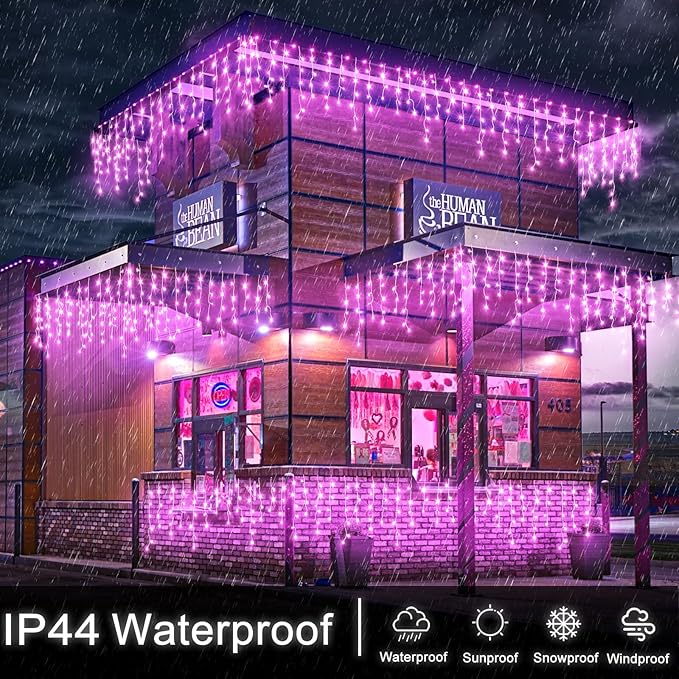 Icicle Christmas Lights Outdoor 33ft 400 LED Pink Christmas Lights for Outside 8 Modes with 75 Drops, Waterproof Icicle Light Plug in for Indoor Party House Christmas Decorations