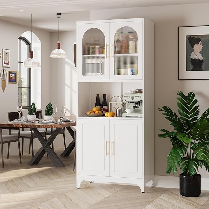 75" Tall Kitchen Pantry Cabinet, Metal Storage Cabinets with Acrylic Doors and Adjustable Shelves, Hutch Cabinet with Storage, White Microwave Stand Cabinets for Dining Living Room