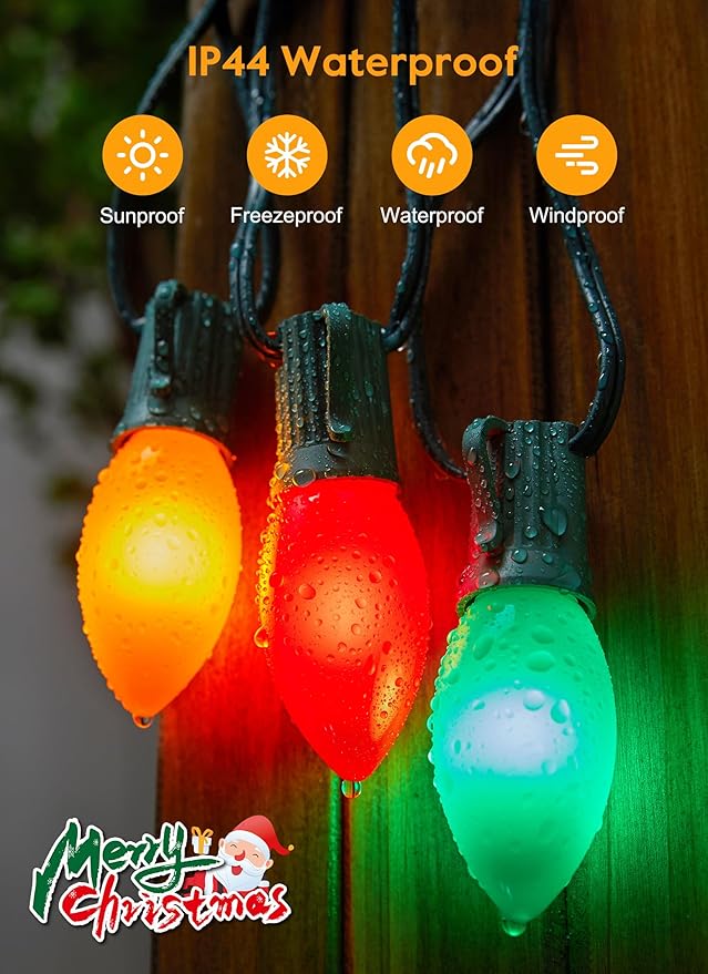 Vintage C9 LED Christmas Lights Outdoor - 25 Feet String with 25 Colored Shatterproof Bulbs, Connectable Waterproof Lights for Holiday Party Roofline, Backyard, Garden, Patio, Green Wire