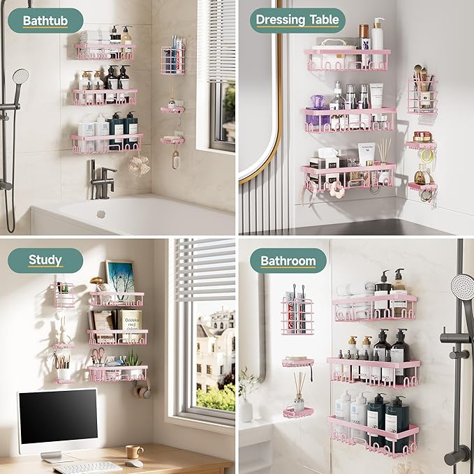 Veken Rustproof & Waterproof Shower Caddy 6-Pack, No Drilling Adhesive Shelves Rack with Soap Holder, Large Capacity Bathroom Organizers and Storage, Wall-Mounted Kitchen & Home Decor