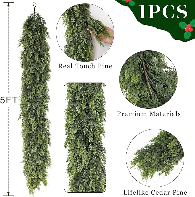 5FT Real Touch Cedar Garland - Artificial Christmas Garland Fake Green Faux Thick and Lush Pine Needles Garlands for Table Fireplace Mantle Holiday Home Indoor Outdoor Decor (1PCS)