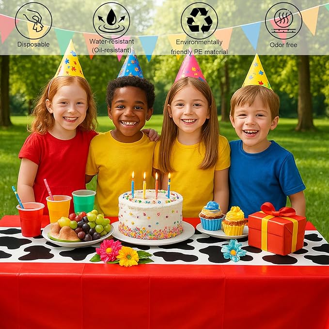 6 Pack 108 x 54 Inch Cow Print Tablecloth Cow Plastic Table Cover Birthday Party Table Cloth Disposable Plastic Farm Animal Party Cover for Disco Cowgirl Decorations Supplies Red