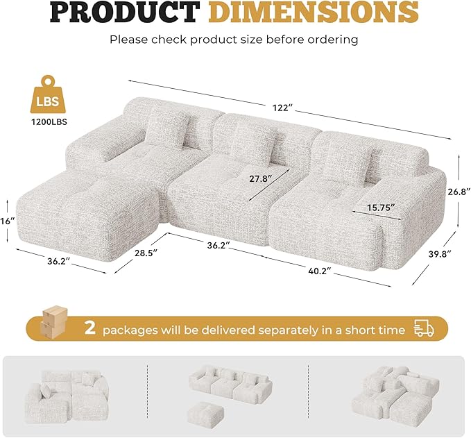 122" Modern L Shaped Modular Sectional Sofa, Boneless Couches for Living Room with Ottoman,4 Seater Convertible Chenille Cloud Couch Sofa Set, No Assembly Required, Beige 1 PCS