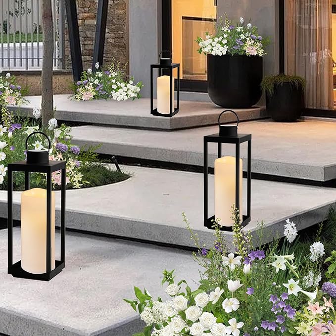 NURADA Large Waterproof Flameless Candles 6" 8" 10" x 4" - Outdoor Indoor LED Pillar Flickering Candle Battery Operated with Timer Remote for Patio Porch Lanterns - Ivory White Set of 3