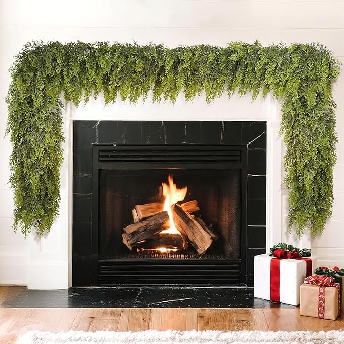 6FT Real Touch Cedar Garland for Fireplace - Artificial Christmas Garlands Realistic Faux Greenery Fake Pine Needles Garland for Holiday,Table, Window,Mantel,Stairs, Home,Indoor Outdoor Decor (2PCS)