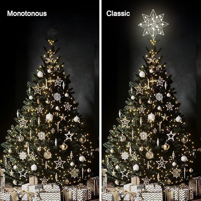 hogardeck Christmas Tree Topper, Glittered Silver 8-Pointed Star Tree Topper for Christmas Treetop, 20 LED Timer Sparkling Tree Toppers for Christmas Tree Decorations