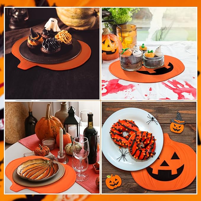 4 Pcs Halloween Pumpkin Placemats Jack O Pumpkin Shaped Heat-Resistant Table Mats 13 x 14 Fall Autumn Harvest Table Decoration for Thanksgiving Holiday Festival Kitchen Dinner Party Decor
