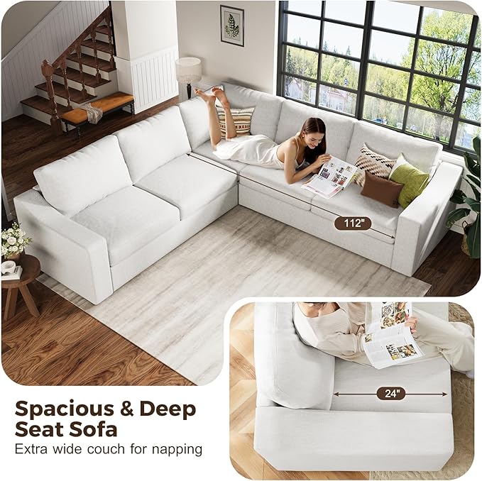 112" L Shaped Sectional Sofa with Detachable Sofa Cover, Reversible Sectional Modular Couch for Living Room, Linen Fabric Corner Couch with 7 Seats, Ivory