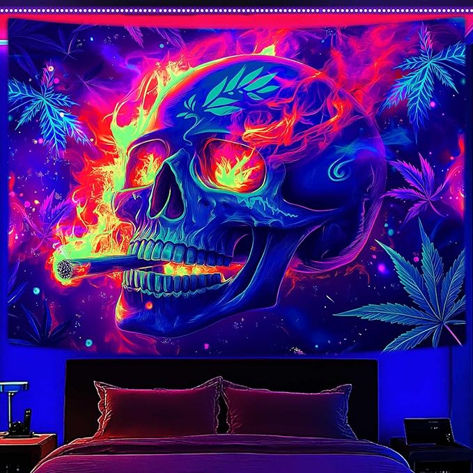 Blacklight Skeleton Tapestry, Glowing Skull UV Reactive Gothic Wall Hanging Tapestries, Glow in the Dark Grim Reaper Magic Horror Face Halloween Poster Tapestry for Bedroom Living Room Decor 70X60IN