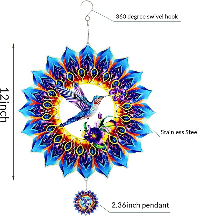 Hummingbird Wind Spinner,Hanging Wind Spinners Outdoor for Garden Decoration,12 inch 3D Stainless Steel Wind Sculpture for Indoor/Outdoor Decor