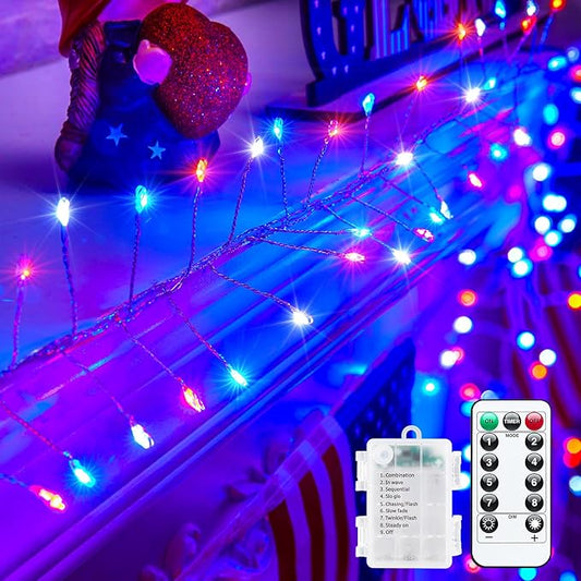 4th of July Decorations Red White and Blue Fairy Lights Battery Operated, 10 Feet 120LEDs Firecracker String Lights with Remote, Twinkle Lights for DIY Wreath Indoor Outdoor Independence Day Decor