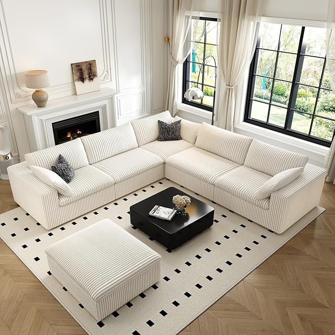 118" Cloud Couch Oversized Modular Sectional Sofa for Living Room,Modern Sofa with Deep Seat,6 Seater Boneless Couch,Comfy Upholstered Corduroy Couches for Apartment, Studio, Office,Bedroom,White