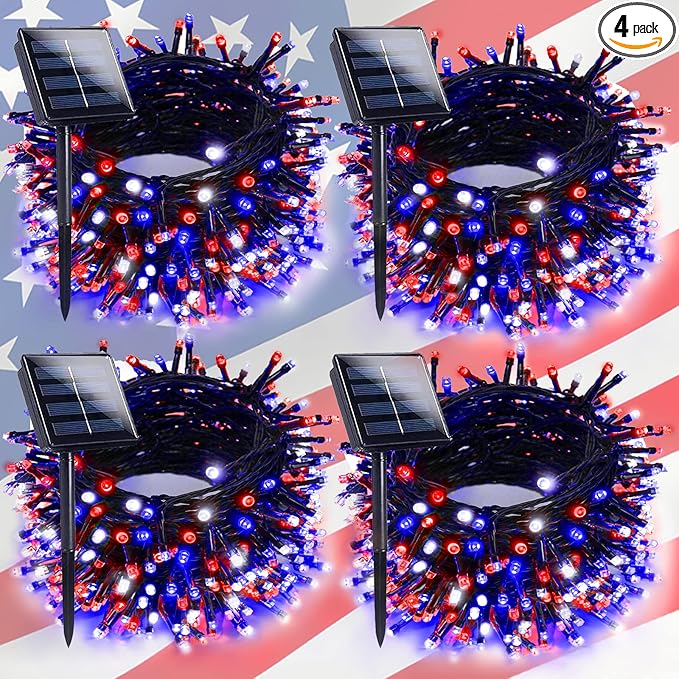 4th of July Decorations Outdoor, 4pk Red White and Blue Solar String Lights, 400LED 132FT LED Patriotic Light Waterproof, Solar Fairy Twinkle Light for Independence Day Yard Garden Tree Decorations