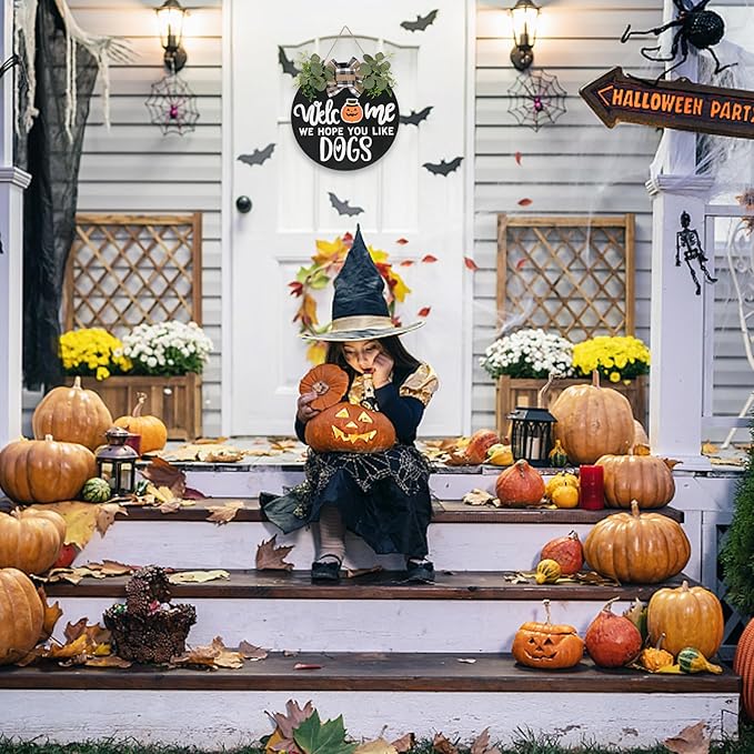 Interchangeable Wooden Seasonal Welcome Sign, Rustic Round Dogs Sign Front Door Wreaths for Home/Wall/Porch Decor, for Easter Spring Summer Fall Halloween Christmas All Season Decorations