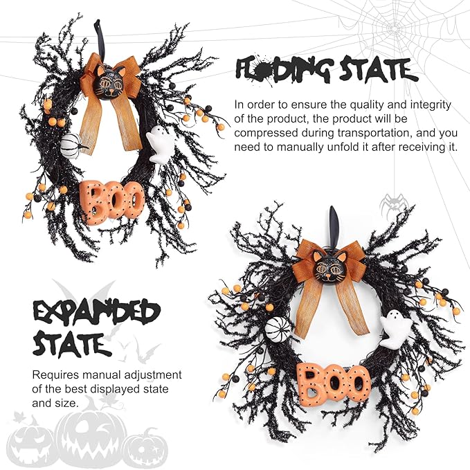 Adeeing Halloween Wreaths for Front Door, 18Inch Halloween Wreath with Black Cat Boo Sign White Pumpkin and Ghost for Indoor Outdoor Window Proch Halloween Decoration