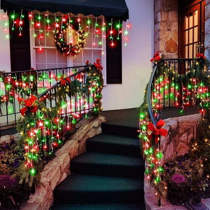 66ft Icicle Lights for Outside, Red and Green Christmas Lights Outdoor Indoor, 640 LED Twinkle String Lights with 120 Drops, Clear Wire Short Curtain Light for Thanksgiving Room Home Wall Bedroom