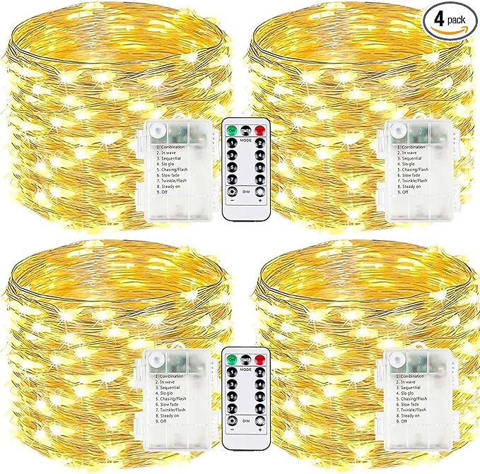 4-Pack Fairy Lights Battery Operated with Remote, Waterproof 33FT 100 LED Battery String Lights Outdoor Indoor, 8 Modes Twinkle Lights with Timer for Bedroom Classroom DIY Christmas Decor (Warm White)