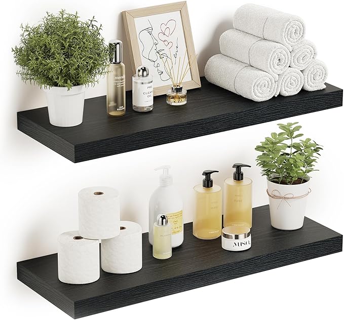 Black Floating Shelves for Wall Mounted, 24 inchs x 9.1” Deep x 1.5” Thick Wall Shelves for Bedroom, Living Room, Bathroom,Kitchen, Office, Home Decor Shelf with Invisible Bracket - Set of 2