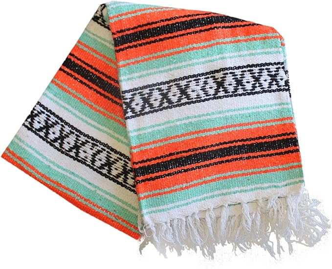 Del Mex Classic Mexican Blanket, Large Authentic Woven Falsa Throw (70"x50"), Artisan Southwest Décor for Beach, Yoga, Outdoors (Mint/Orange)