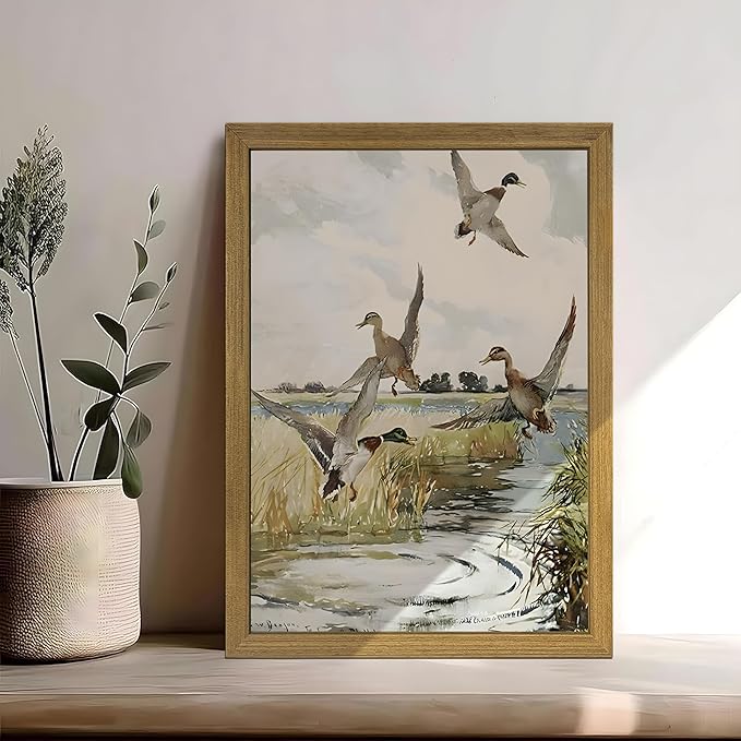 Framed Vintage Duck Wall Art Print, Rustic Mallard Watercolor Canvas Poster Wall Decor, Country Wildlife Bird Illustration for Farmhouse Living Room Kitchen Bedroom Decor 12x16 Inch