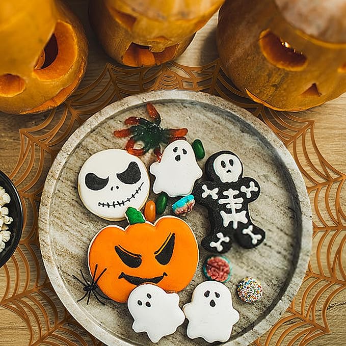 Sfcddtlg 6 Pcs Halloween Spider Web Placemats- 15"" Heat Insulation Halloween Placemats Spider Web Table Mats- Hollow Out Spiderweb Coasters Placemat for Dining Table Halloween Decoration (Brown)