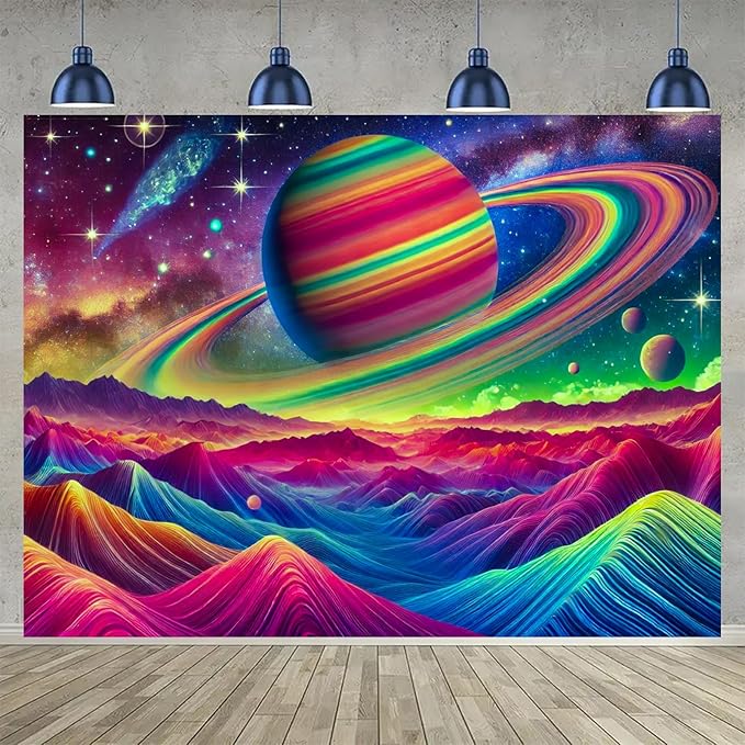 BlissYard Psychedelic Saturn Landscape UV Black Light Tapestry 78x59 Inches Art Color Neon Light Background Bedroom Living Room Wall Party Decoration Galaxy Planet Ringed Space Mountain Sci-Fi Scene