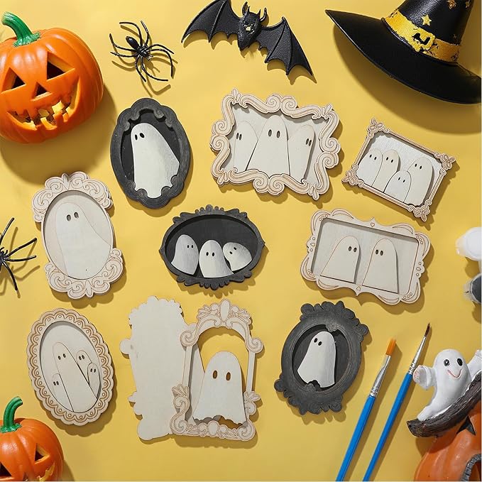 12 Set Wood Ghost DIY Frames Decorating Craft with Paint and Brush Unfinished Wooden Gift Ornaments Cute Ghost for Halloween Craft Art Party Supplies, Not Include Glue (Cute Style)