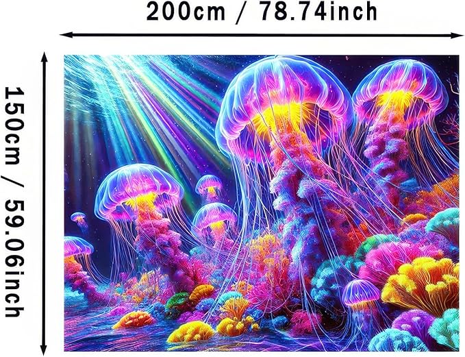 BlissYard Black Light Tapestry UV Reactive Tapestry Glow Tapestry Blacklight Tapestry 78x59 Inches Neon Jellyfish Wall Hanging, Fluorescent Art Decoration with Colorful Sea Life, Oceanic Theme