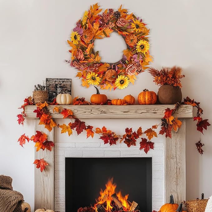 GENMOUS 24Inch Fall Wreaths for Front Door, Autumn Velvet Pumpkin Wreath Autumn Maple Leaves Porch Decor, Farmhouse Wreaths Home Wall Outdoor Indoor Thanksgiving Halloween Harvest Festival Fall Decor