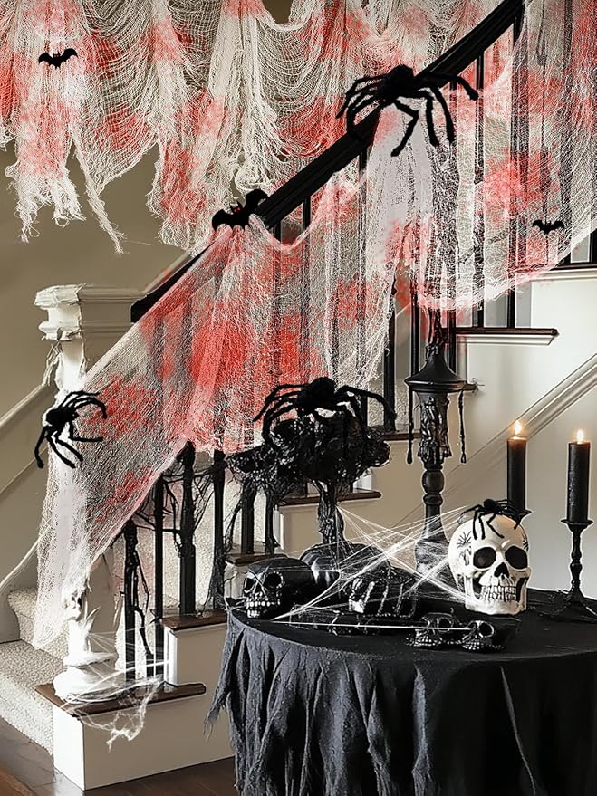 5Pcs Halloween Blood Red Creepy Cloth- Spooky Gauze Fabric Cloth for Haunted Horror House Halloween Party Doorway Outdoors Decoration (30" ×72")