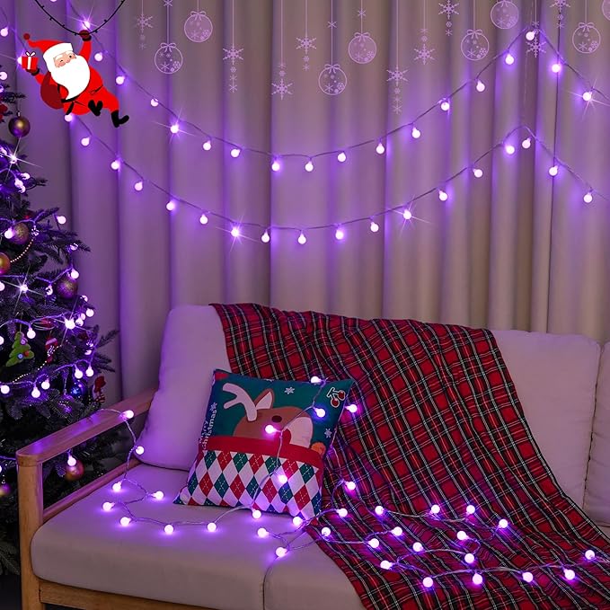 JMEXSUSS Purple Halloween Lights Indoor, Connectable 100 LED Globe String Lights Plug in with Remote, 33ft 8 Modes Purple String Lights Outdoor for Bedroom Room Party Halloween Decor