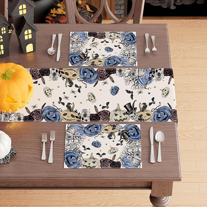 XCHI Spooky Blue Pumpkin Halloween Placemats Set of 6 Table Mats for Party Home Kitchen Dining Table Decorations 12x18 Inch