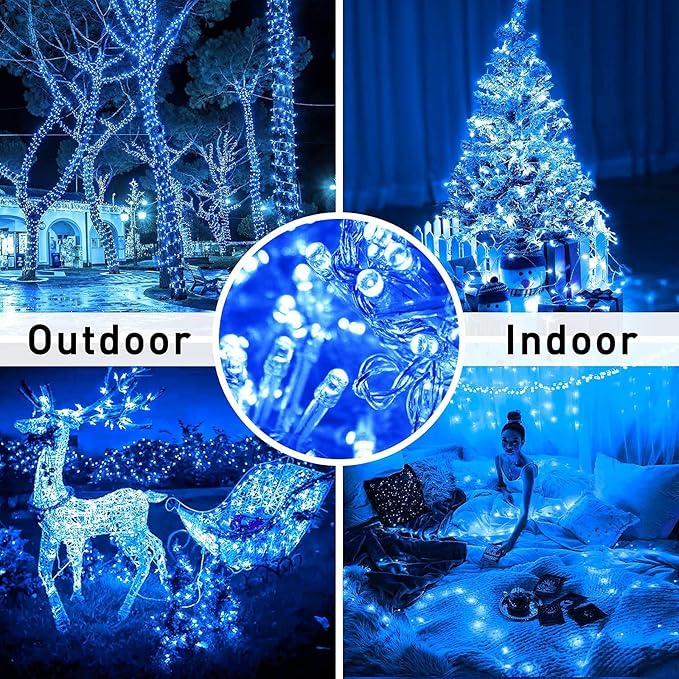 JMEXSUSS 33ft 100 LED Blue Christmas Tree Lights, Battery Operated Christmas Lights with 8 Modes Remote Waterproof Outdoor Indoor for Halloween Christmas Outside Decorations