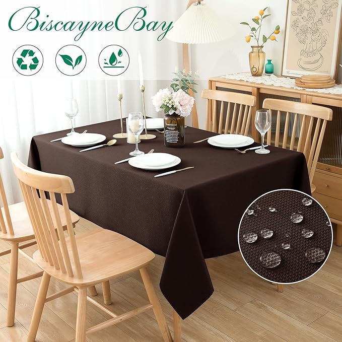 Biscaynebay Textured Fabric Tablecloths 60x84 Inches Rectangular, Brown Water Resistant Tablecloths for Dining, Kitchen, Wedding and Parties etc. Machine Washable