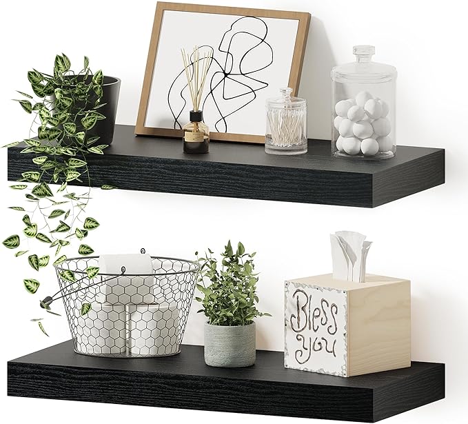 Black Floating Shelves for Wall, 16 inchs x 6.7” deep x 1.4” Wall Shelf for Bathroom Bedroom, Living Room, Kitchen, Office Home Decor, Narrow Wood Shelves with Invisible Brackets Set of 2