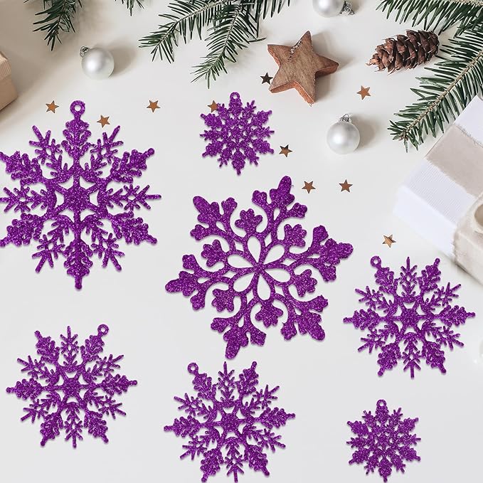 36pcs Christmas Deep Purple Snowflake Ornaments,Plastic Dark Purple Snow Flakes Hanging Ornaments for Christmas Tree Decor Winter Wonderland Frozen Birthday Party Holiday Home Decor Craft Snowflakes