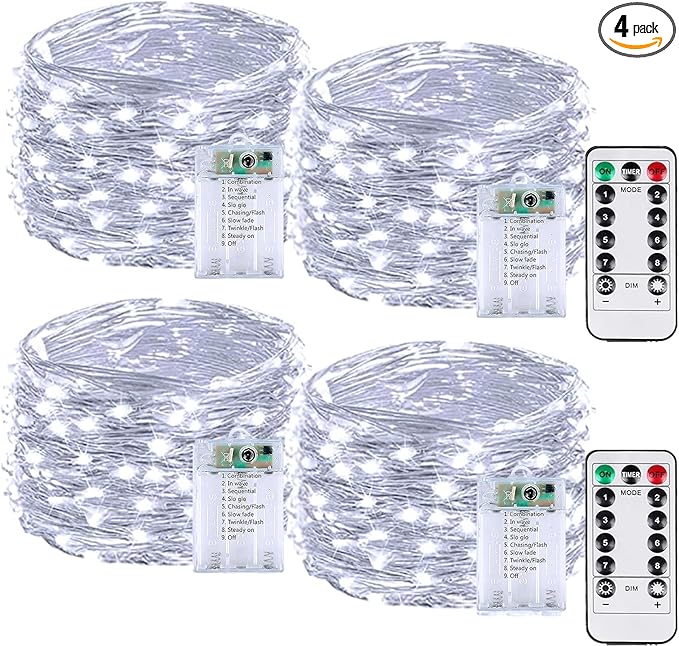 4 Pack 60LED Battery Operated Fairy Lights with Remote, 8 Modes LED String Lights with Timer, Dimmable, Memory Function, Waterproof Twinkle Fairy Lights for Outdoor Indoor Christmas Decor(Cool White)