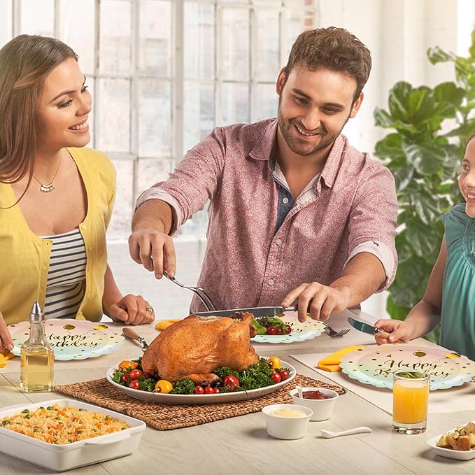 50PCS Pastel Rainbow Birthday Paper Plates, 7 Inch Disposable Happy Birthday Dessert Plates Cake Plate Scalloped Colorful Gold Dot Party Plate Aniversary Party Supplies Decorations for Boys Girls