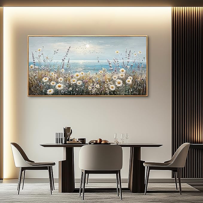 PHAOHUAXM Large Canvas Printing Artworks Mural Wall Decor For Living Room Wall Art For Bedroom Office Decor Blue Ocean Paintings Flowers Watercolour Wall Pictures Home Decor Wood Framed 30x60 In
