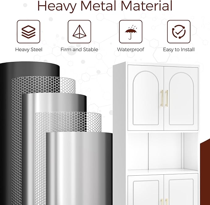 75" Tall Kitchen Pantry Storage Cabinet, Metal Storage Cabinets with 4 Doors and Adjustable Shelves,White Kitchen Hutch Cabinet with Microwave Stand, Large Cupboard for Dining Living Room