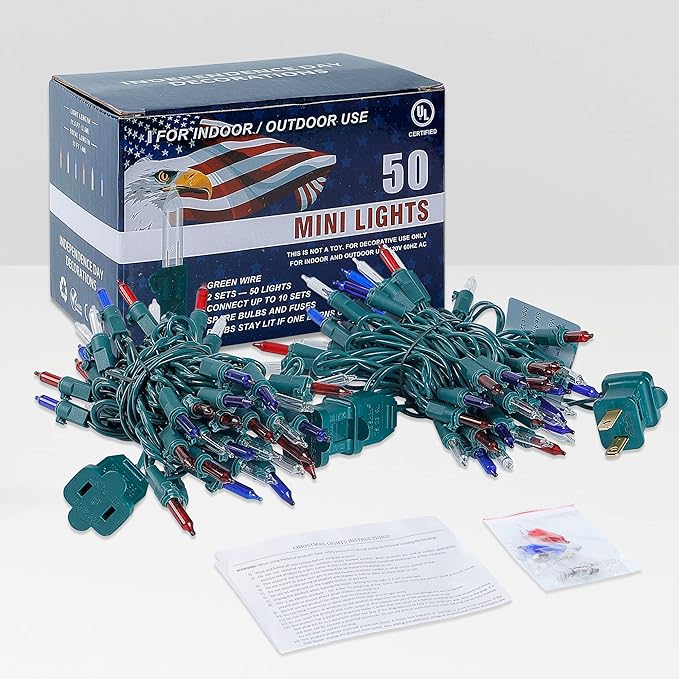 Hopolon Red White and Blue Mini Lights,2PACK 50Count 4th of July Patriotic String Lights Green Wire,13FT Incandescent Independence Day Light for Indoor Outdoor Christmas Party Decor,Red White Blue